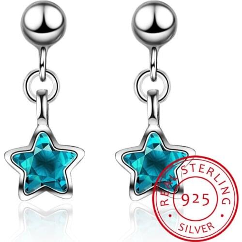 Simple Fashion Ocean Blue Crystal Little Star Tassel Earrings For Women 925 Sterling Silver Wedding Party Jewelry Best Gift