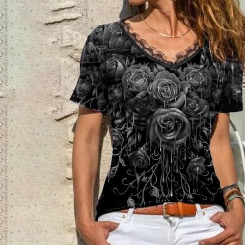 Rose Printed Lace V-Neck Women Short Sleeve Top Elegant Summer Pullover Slim Lady Blouse Casual Retro Femme Streetwear Blusa 5XL