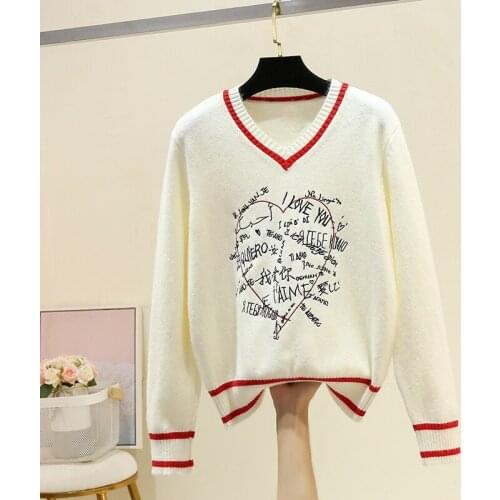 Women Pullover Woolen Knit Tops Sexy V-Neck Sweet Love Long Sleeve Jumper White Sweaters Jersey Striped Letter Lady Knit Clothes