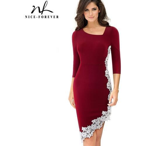 Nice-forever Elegant Embroidery Lace Patchwork Dresses Business Party Bodycon Fitted Women Dress btyB561