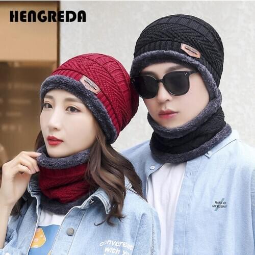 Winter Hat Set Solid Beanies Scarf Unisex Soft Warm Cap with Neck Warmer Thick Fleece Lined Autumn Knitted Wool Bonnet Women Men