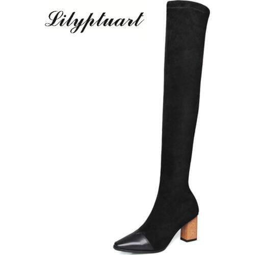 2019 new leather and elastic cloth material rubber soles elastic socks boots square head high heel thick with fashion boots