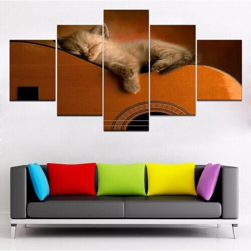 5 Piece HD Print Animal Paintings Wall Art Artwork Cute Guitar Kitten Home Decor Modern Wall Decor Canvas Painting Canvas Room