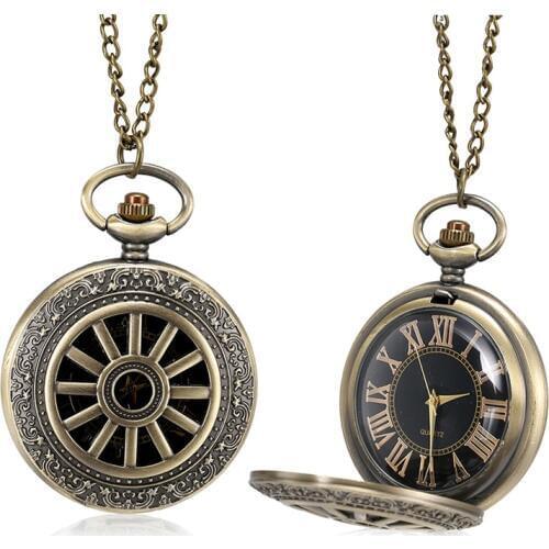 Bronze Quartz Pocket Watch Roman Numerals Dial Hollow Wheel Case with Chain TT@88
