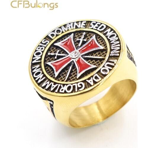CFBulongs Red Cross Medal Mens Ring Retro Stainless Steel Domineering Knight Templar Jewelry Wedding Ring