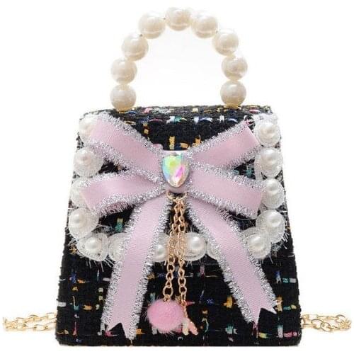 Canvas Kids Messenger Bags Weaving Children Shoulder Bag Fashion Handbag for Baby Girls Pearl Toddler Girl Black Cute Bag