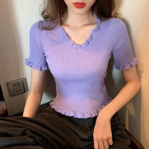 Korean Style Sexy Knit Short V-neck Solid Color Stringy Selvedge Simple Casual Comfortable Women\s Tops 2020