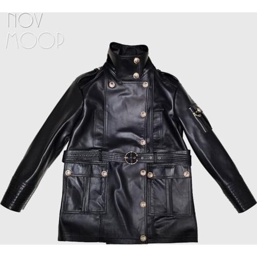 Novmoop fashion Autumn winter sashes lambskin genuine leather coat women motor biker jacket kurtka damska casaco feminino LT2886