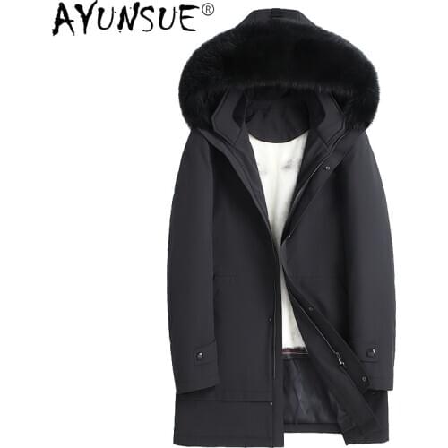 AYUNSUE Men Jacket Mens Real Mink Fur Coat Winter Clothes Mens Hooded Parka Thick Jackets Silk Cotton Sleeves Chaqueta LXR803