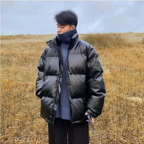 Fashion Winter Stand Collar Mens Pu Leather Cotton Padded Jacket Slim Fit Warm Coat Men Parkas Thicken Jacket Men Y153