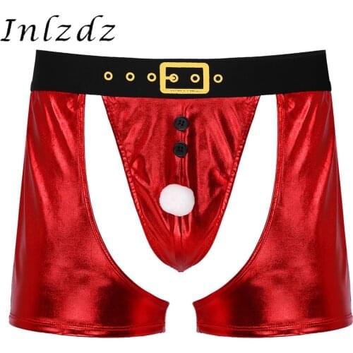 Lingerie Christmas Claus Santa Underpants Mens Glossy Faux Leather Bulge Pouch Underwear Cutout Novelty Faux Fur Boxer Shorts