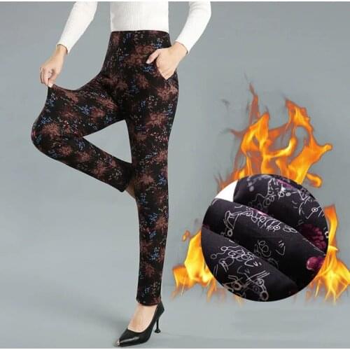 2021 Autumn Winter New Middle Age Women Plus Thick Velvet Leggings Female Mom High Elastic Pants Print Flower Slim Trousers Z544
