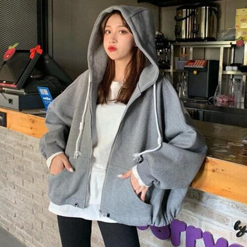Autumn Women Long Batwing Sleeve Letters Print Plush Hoodie Zipper Loose Coat