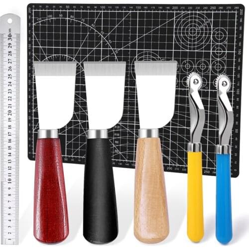 LMDZ 5pcs Professional Leather Cutting Knife Tracer Tracing Wheel Ruler Sewing Tools Leather Craft Handwork DIY Tool Accessories