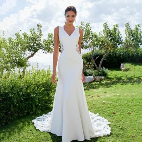 Luxury Retro Wedding Dress Sleeveless Lace Mermaid V-neck Satin Court Train Hole Back Plus Size Bridal Dresses