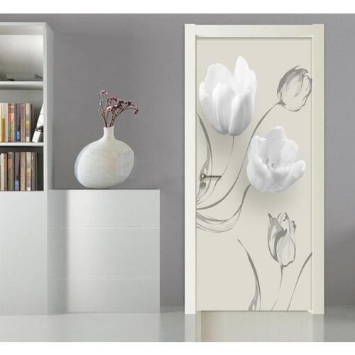 Modern Simple White Flowers Door Sticker Living Room Bedroom PVC Self-Adhesive Waterproof Mural Wallpaper For Walls 3 D Stickers