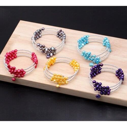Amazing Layers Colorful Freshwater Pearl Wrap Bracelets 925 Sterling Silver Bead Wire Chain Bracelets 10 Colors PB008