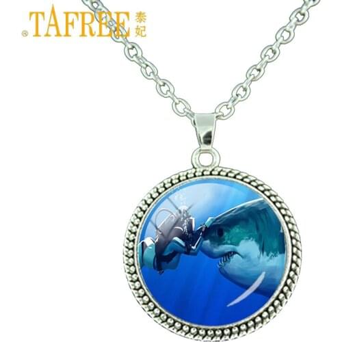 TAFREE high quality scuba diver and shark necklace blue sea summer style men women diving lover statement necklaces jewelry E958