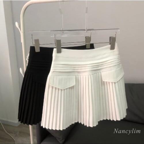 Womens Pleated Skirt 2021 Summer New Design Temperament High Waist Slimming Mini Skirts White Black Faldas Jupe Femme