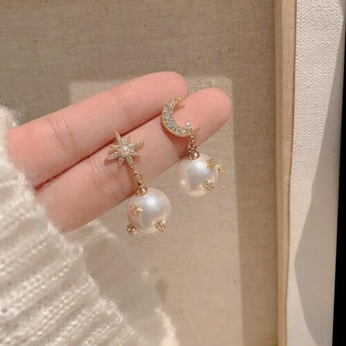 Huge Bud Asymmetric Star Moon Design Dangle Earrings AAA Zirconia Exquisite Imitation Pearls Women Earrings Fashion Jewelry Gift