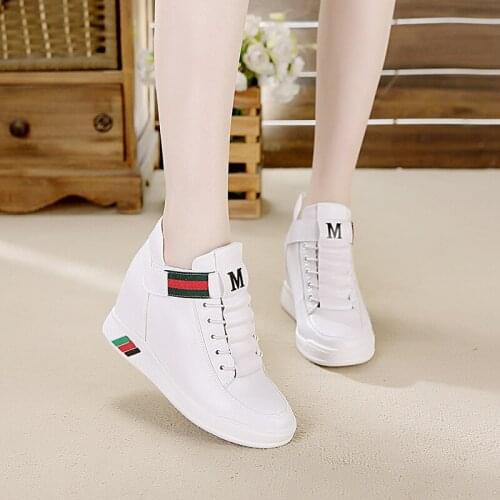 Height Increasing Shoes Woman Platform Sneakers Vulcanized Shoes Lace White Black Casual Shoes