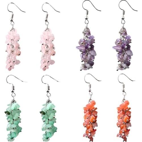 Tumbled Stones Earrings for Women Reiki Healing Crystal Long Dangle Hook Eardrop Lucky Natural Beauty