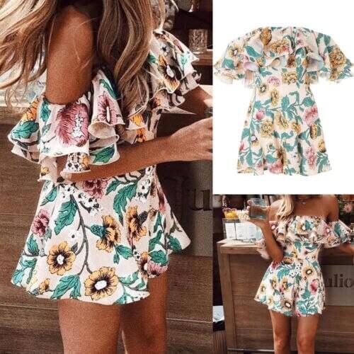 Womens Summer Off Shoulder Ruffle Romper Short Suspenders Jumpsuits Overall Lady Floral Printed Playsuit Beach Short Jumpsuit