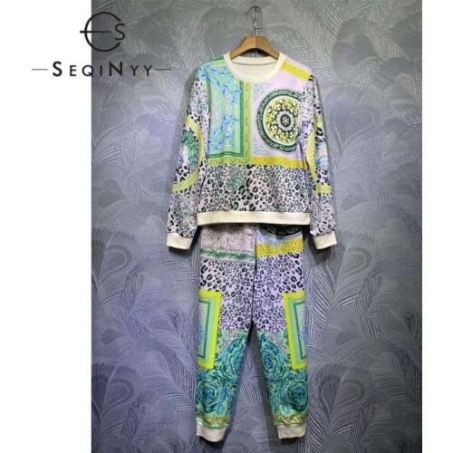 SEQINYY Casual Set Autumn Spring New Fashion Design 2020 Women Pullover + Midi Pants Vintage Flower Leopard Green Purple Print