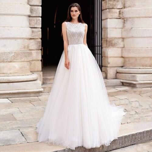 O-Neck A-Line Wedding Dresses 2021 Sleeveless Appliques Sequined Tulle Sweep Train Elegant Princess Long Bridal Gown For Women