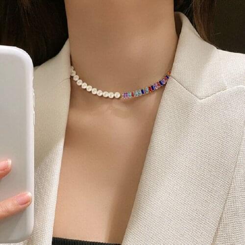 2021 New Trend Simple Pearl Rhinestone Stitching Geometric Necklace For Women Fashion Party Decoration Jewelry Friend Gift