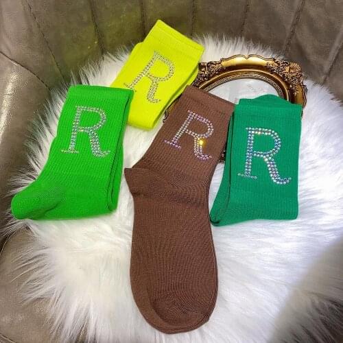 2021 High Quality Fashion Girl letter R Candy Color Rhinestone Crystal Color Pile Socks Out Women Socks Wholesale