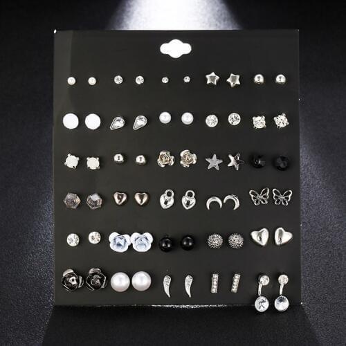 30 Pairs/set Trendy Alloy Metal Star Moon Heart Stud Earrings Set Mixed For Women Cute Crystal Earring Girl Kids Jewelry Gifts