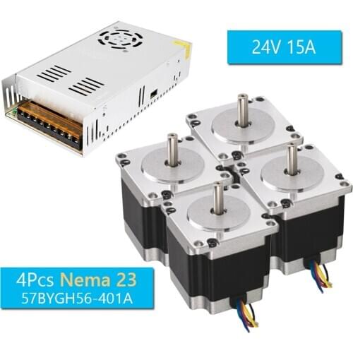 4pcs CNC Router Lathe Nema 23 175 Oz-In Stepper Motor 2 Phase 2.8A 1.8 Degree + 360W 24V 15A Switching Power Supply PSU