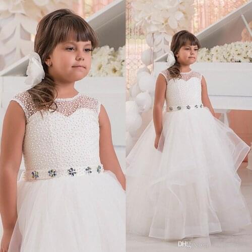 White Crystals Beaded Flower Girl Dresses For Wedding Crew Sleeveless Tulle Layered Children Prom Dresses Little Girl Birthday P