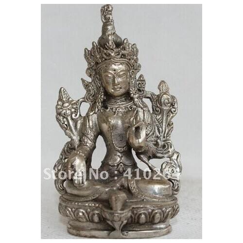 FREE SHIPPING Chinese Tibet Tibetan Buddhism Silver Green Tara Goddess Bodhisattva Statue 80mm