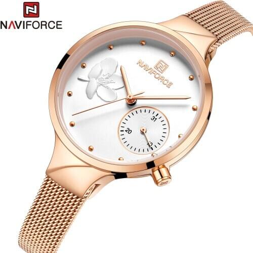 NAVIFORCE Women Quartz Watch Rose Gold Stainless Steel Mesh Strap Fashion Clock Wristwatch Gift for Girl Mother Lady Wife Friend