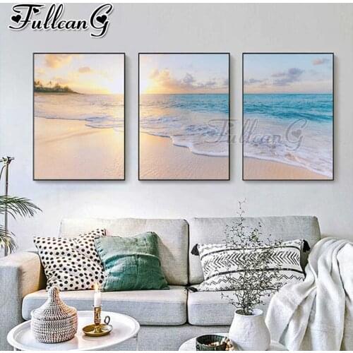 FULLCANG 5d diy diamond embroidery Calm sea landscape diamond painting triptych full square round drill 3pcs/set decor FC2921