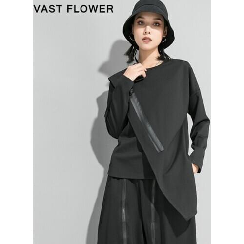 Irregular Black T-Shirt Women Zipper Loose Long Sleeve O-Neck Fashion Elegant Clothes Tee Shirt Femme Tops Spring Autumn 2021