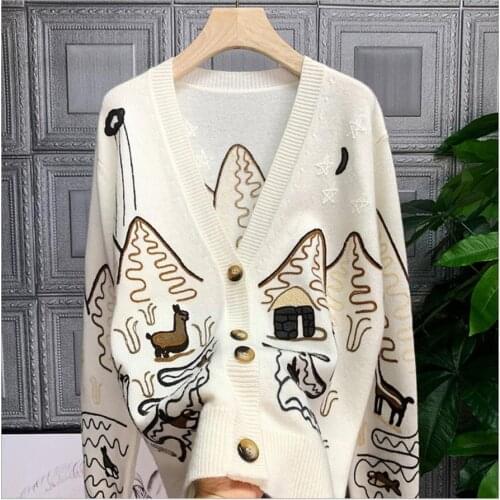 2020 Autumn New Knit Female Cardigan Loose Streetwear Knit Sweater Coat Printing V Neck knitted cardigan Women Jacket