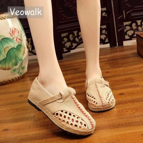 Veowalk Summer Womens Casual Linen Cotton Loafers Breathable Holes Handmade Bohemian Ladies Slip on Canvas Walking Flat Shoes