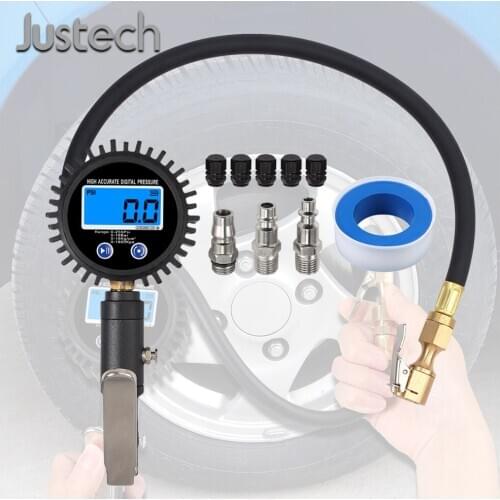 Justech 3 in 1 Multifunctional Tire Inflation Gauge 255PSI with 5 Valve Core 3 Connector Rubber Hose Digital Tire Pressure Gauge