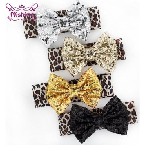 Nishine Shining Sequins Bowknot Newborn Infant Headband Baby Girl Leopard Print Hairband Children Headwear Accessories