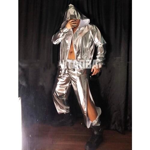 Nightclub bar Male singer dancer hiphop Brand Tide Baseball uniform costume Stage show Mirror silver performance jacket pants