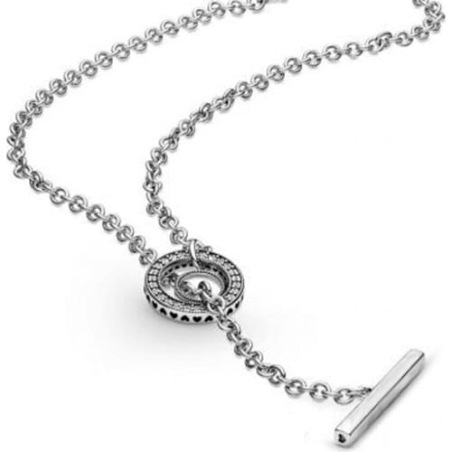 2020 Autumn New S925 Sterling Silver Necklaces Pave Circle T-Bar Heart Necklace Fit Original Pandora Pendants Women Gift