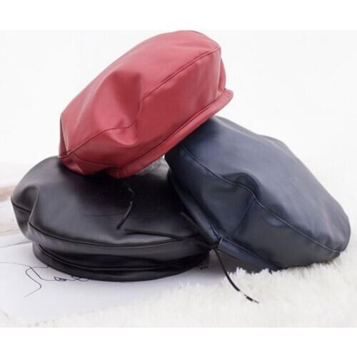 New Winter Beret Cap Fashion Women Casual PU Leather Beret Hat For Women Autumn Retro Beanie Caps Painter cap flat top hat Hot
