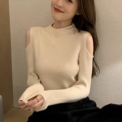 Fall Sexy Off-the-shoulder Knitted Pullovers New Mock Neck Long Sleeve Sweater Women 2021 Slim Soft Stretchy Knit Jumpers