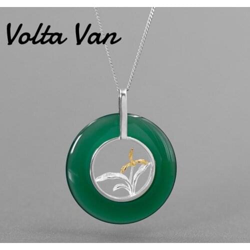 Volta Van Green Agate Pendant Necklaces 925 Sterling Silver 2021 New Fine Jewelry Vintage Elegant Orchid Round Silver Necklace