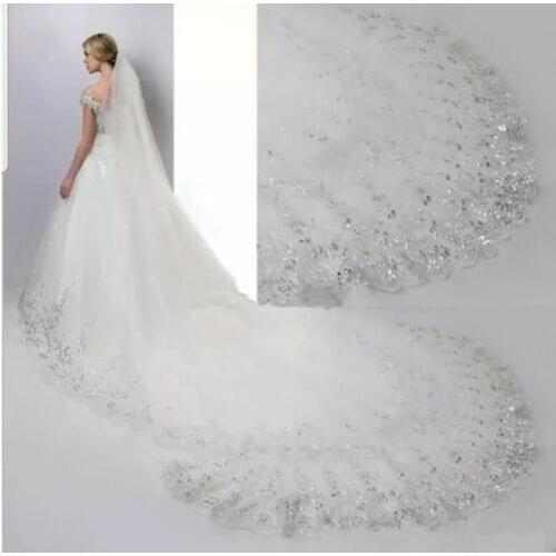 White Ivory 1 Layer Long Sequins Lace Edge Bridal Wedding Veil +Comb 2023
