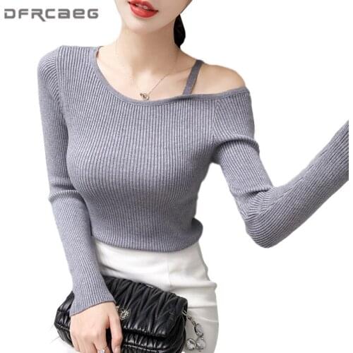 Casual Sexy Off One Shoulder Womens Knitted Sweaters 2020 Autumn Long Sleeve Oblique Collar Pullovers Knitwear Top Clothing