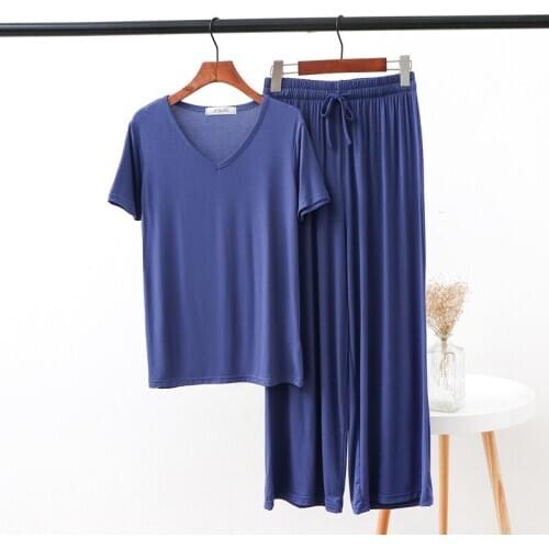 Casual Short Sleeve Wide Leg Pants Two Piece Set V Neck Spring Summer Sleepwear Modal Cotton Pajamas For Women 2021 New Pijamas